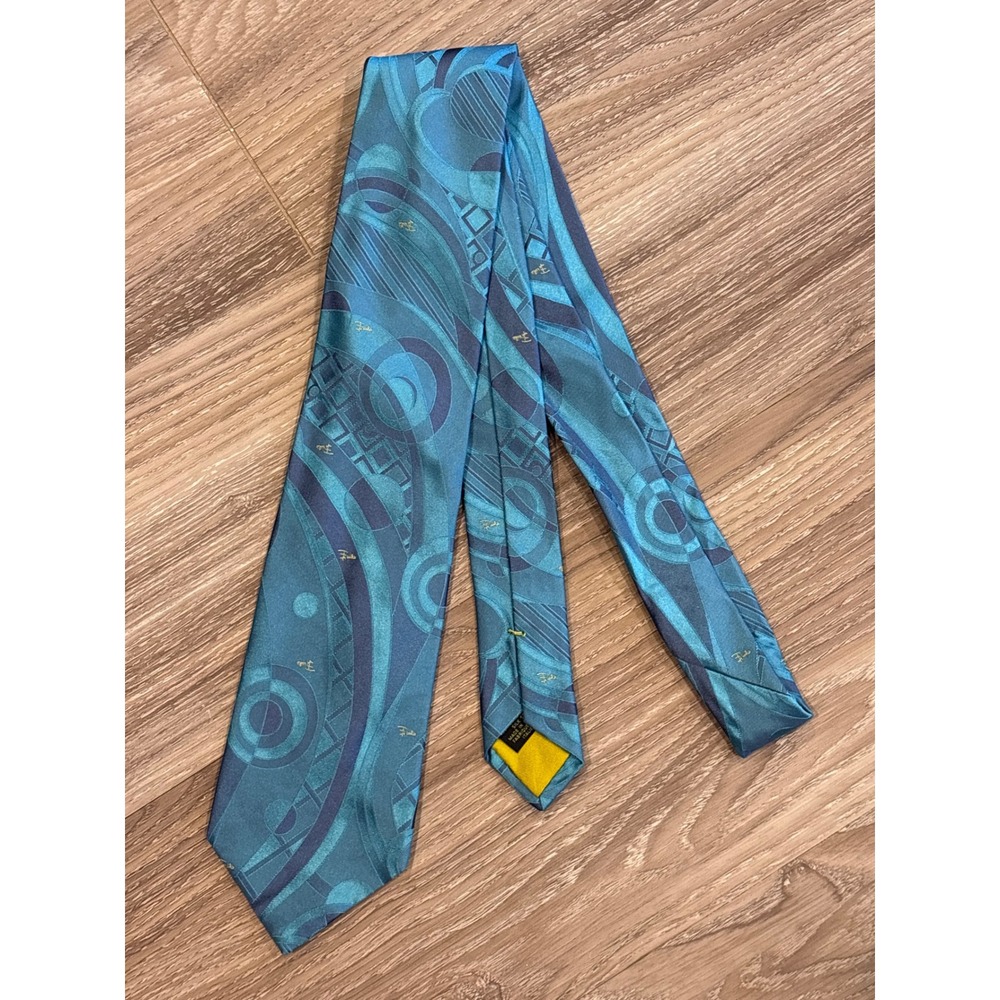 Emilio Pucci Firenze Mens Silk Tie Teal Blue Geometric Abstract Made in Italy